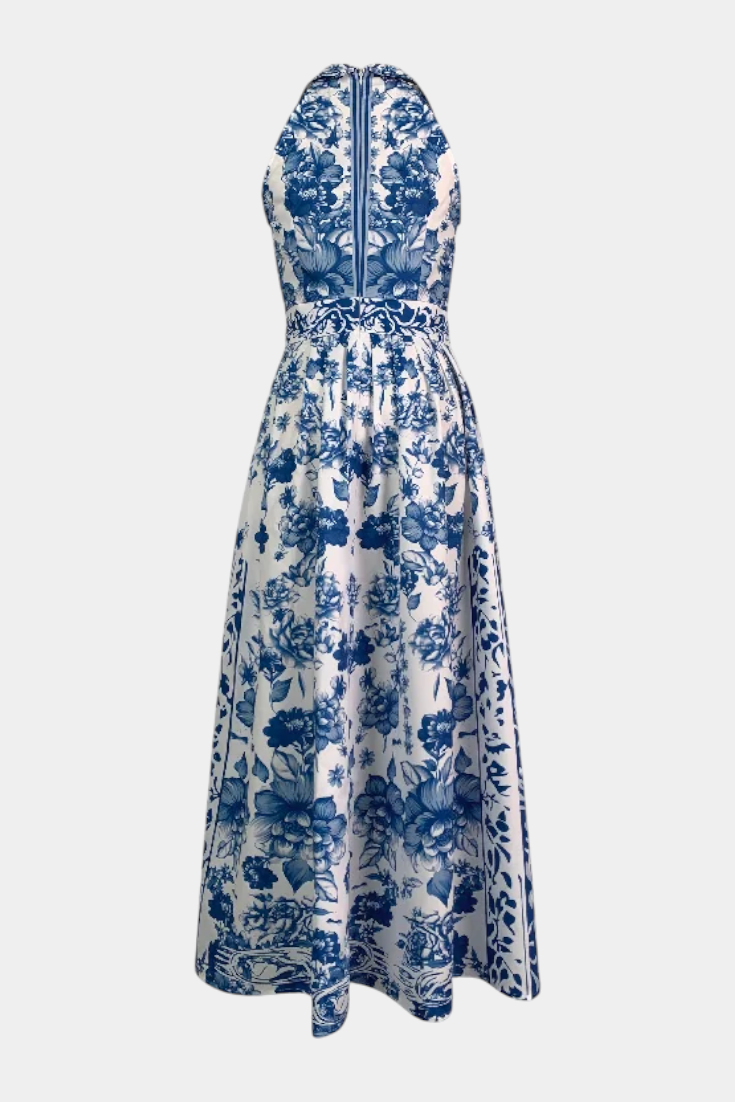 Shante Floral A-Line Dress | Lapel Collar, Sleeveless, Porcelain