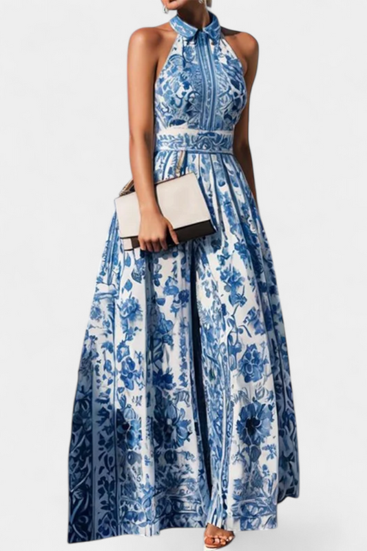 Shante Floral A-Line Dress | Lapel Collar, Sleeveless, Porcelain